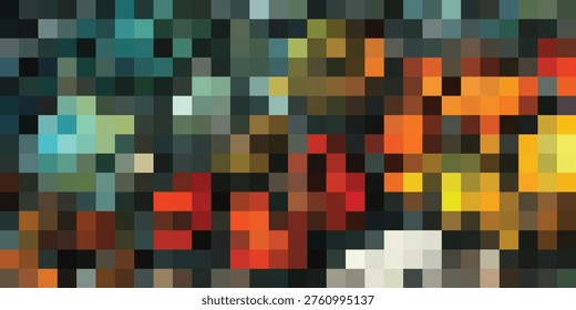 A dynamic, pixelated representation of a city at night, showcasing a blend of warm and cool tones.