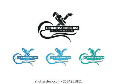 A dynamic plumbing logo featuring a wrench, pipe, and flowing water design. Ideal for plumbing services, maintenance companies, and water-related businesses seeking a strong identity.
