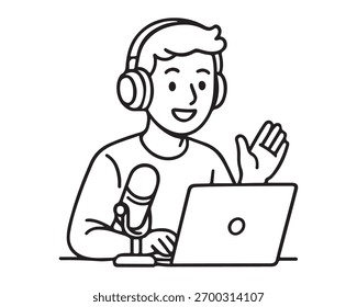  podcaster dinâmico conectando-se com entusiasmo com o público usando laptop e microfone, criando conteúdo on-line envolvente, mostrando o estilo de comunicação moderno