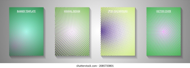 Dynamic point faded screen tone cover templates vector batch. Digital banner perforated screen tone backgrounds. Retro cartoon comics style front page leaflets. Gradient design.