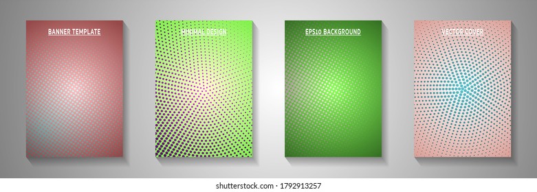 Dynamic point perforated halftone front page templates vector kit. Medical banner faded halftone backgrounds. Retro cartoon comics style cover leaflets. Linear design.