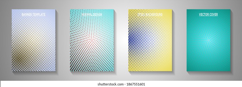 Dynamic point screen tone gradation cover page templates vector kit. Business booklet faded screen tone patterns. Retro cartoon comics style front page layouts. Overlay spots grid