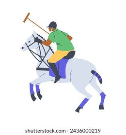 Dinámico juego de polo. Ilustración vectorial que muestra a un jugador de polo en un atuendo vibrante, montando un caballo gris animado, mazo en medio de la oscilación.