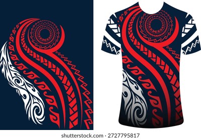 Projeto de t-shirt tribal polinésia dinâmica com motivos vermelhos e brancos, vetor de Jersey étnica tribal, Samoa, Havaí, polinésia, Maori, havaiano inspirado tradicional T shirt, modelo de moda esporte, vetor de camisa, vetor de vestido de arquitetura t shirt, modelo tradicional t shirt.