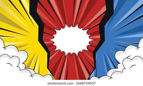 Dynamic pop art background featuring red yellow and blue rays with white cartoon clouds, ideal for comic style posters, banners, presentations and creative graphic projects.