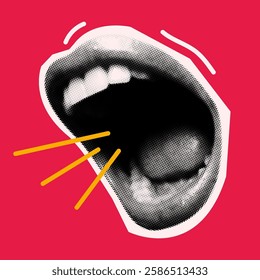 Dynamic pop art collage of an open mouth with halftone texture and bold graphic elements on red