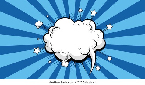 Nube dinámica de la explosión del arte pop con las estrellas y el humo para el texto en un fondo azul vibrante del sunburst del cómic retro.