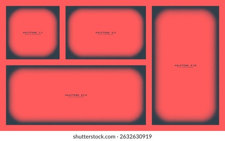 Dynamic pop art halftone frame collection with red-black vignette effect. Rounded square and rectangle borders in 1:1, 3:2, 21:9, 9:16 formats. Bold and modern graphic layout for posters or media