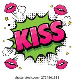 Uma ilustração dinâmica pop art apresentando a palavra KISS em letras rosa em negrito dentro de uma bolha de fala em forma de estrela verde, cercada por quatro pares estilizados de lábios vermelhos.