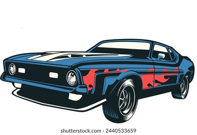 A dynamic portrayal capturing the essence of American muscle cars, featuring sleek lines, bold contours, and a powerful stance. The illustration showcases the iconic silhouette of a muscle car, comple