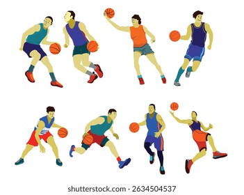 Dynamic pose cartoon basketball player people activities, dribbling jumping throwing ball in basket sport. vector set. championship concept