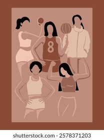 Dynamic poster illustration featuring a group of diverse women engaged in various sports activities, symbolizing strength, teamwork, and empowerment. Perfect for athletic branding, sportswear campaign