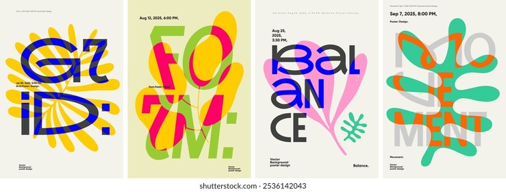 Conjunto de póster dinámico que combina tipografía atrevida con Formas abstractas y orgánicas. Destaca colores vibrantes, texto superpuesto y gráficos de Vector minimalistas para los temas de eventos de 2025.