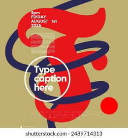 A dynamic poster with swirling shapes in bold red and blue on a mustard background, featuring prominent event details for impactful visual communication.