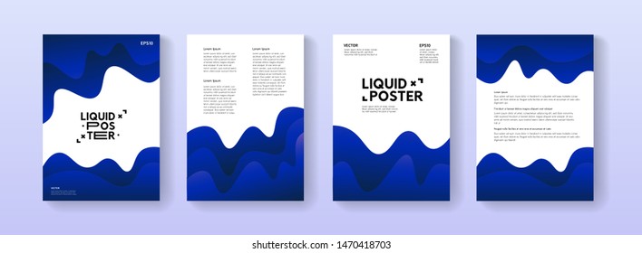Dynamic posters set with liquid fluid shapes. A4 size abstract layered gradient background illustrations for brochure, banner, print, flayer, card.
