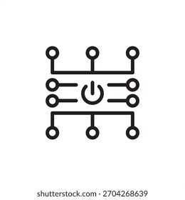 Icono de enrutamiento de energía dinámico. Cuenta con un interruptor de alimentación en una placa de circuito con múltiples puntos de conexión. Representa la gestión inteligente de la energía, el equilibrio de carga, el control de circuitos y los sistemas eléctricos.