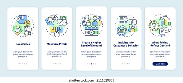 Dynamic pricing advantages onboarding mobile app screen. Boost sales walkthrough 5 steps graphic instructions pages with linear concepts. UI, UX, GUI template. Myriad Pro-Bold, Regular fonts used