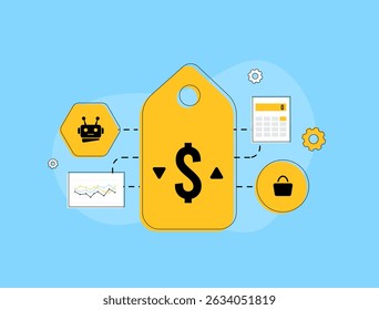Conceito de otimização de preços dinâmicos e de IA para estratégias de comércio eletrônico e B2B. Modelos de preços baseados em IA que melhoram as vendas em linha. Ilustração de vetor plano de estratégias de preços digitais