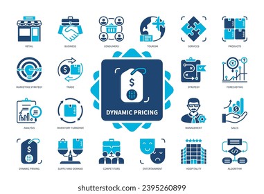 Dynamic Pricing icon set. Market, Sales, Strategy, Products, Supply and Demand, Competitors, Consumers, Forecasting. Duotone color solid icons