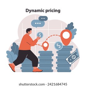 Estrategia de precios dinámicos. Un enfoque ágil de la fijación de precios basado en la demanda del mercado y el análisis de costes. Ilustrar la adaptabilidad financiera y los ajustes en tiempo real para el crecimiento de las empresas. Vector plano.