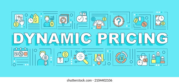 Banner turquesa de conceptos de palabra de precios dinámicos. Dinámica del mercado. Infografía con iconos lineales en el fondo. Tipografía aislada. Ilustración de color vectorial con texto. Fuente Arial-Black utilizada