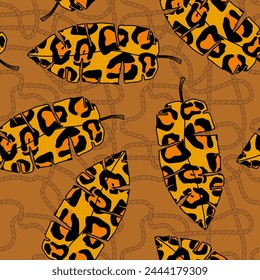 Dynamic print in African, Arabic, Indian style with tropical leaves in leopard print and wavy ropes on brown backgrounds. Seamless pattern for textile, wallpaper, wrapping, cover, home decor. Vector.