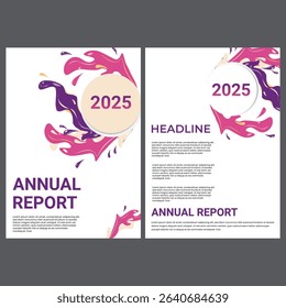 Dynamic and professional 2025 annual business report cover featuring a bold circular element for the year, accented by dual-color splash effects.Designed with a two-sided layout