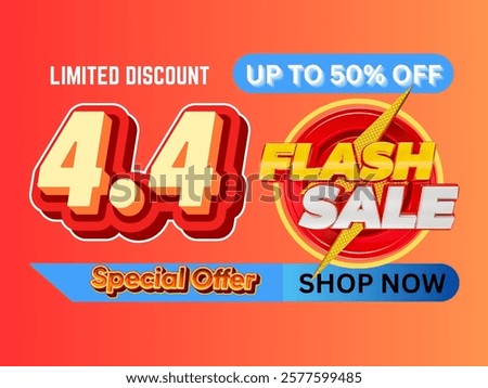 Dynamic promotional banner featuring a bold design highlighting a 4.4 flash sale with special discounts up to 50% off. Perfect illustration for online shopping campaigns and discount sale announcement