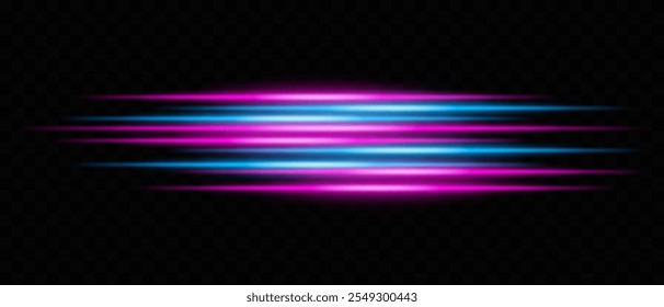 Luz Horizontal púrpura y azul dinámica rayas sobre un fondo oscuro. Perfecto para diseños de ciencia ficción, temas de neón, efectos futuristas o superposiciones de energía. Efectos de brillo audaz y vibrante.