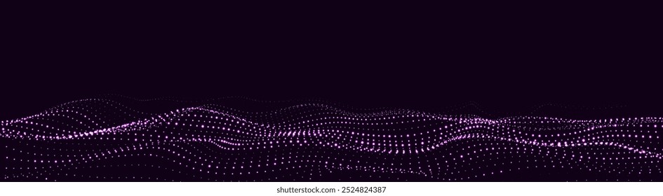Dynamic purple bright particle wave. Futuristic point glowing wave. Flow digital structure. Data technology background. Vector illustration.