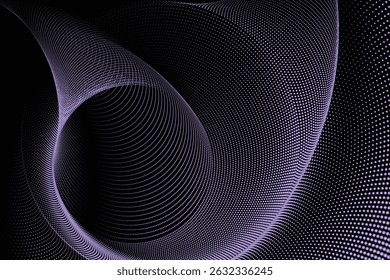 Dynamic purple colored halftone dots: abstract wave patterns for technology and sound, particle wave motion, and halftone gradient on a black background.