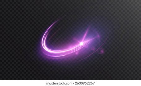 Dynamic purple light flow line with glow effect. Rotating light shining in half rings. Abstract sparkling dynamic light speed lines. Vector 10 EPS