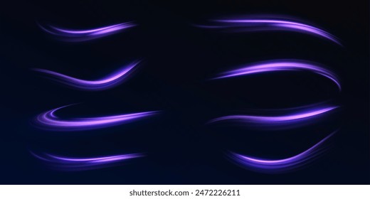 Líneas de luz púrpura dinámicas con efecto de brillo. Abstractas líneas de velocidad de luz dinámica y brillante. Vector 10 EPS