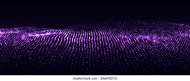 Dynamic purple particle wave. Futuristic point glowing wave. Flow digital structure. Data technology background. Vector illustration.