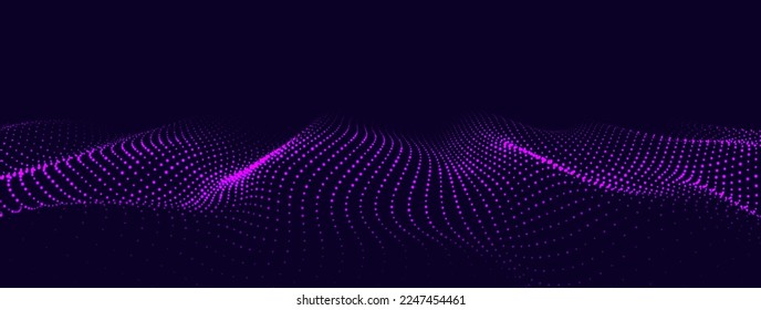  Dynamic purple particle wave. Futuristic point glowing wave. Flow digital structure. Data technology background. Vector illustration.