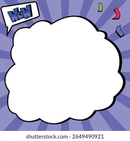 Dynamic purple pop art style background with a large, fluffy speech bubble providing ample space for text. Features a small "WOW" comic sound effect bubble and playful confetti elements, perfect for e