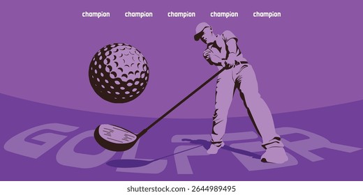 dynamic Purple sporty male Golfer in mid-swing, wielding a gold club silhouette illustration.