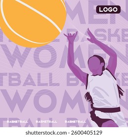 Dynamic purple women basketball player jumping with the ball in the air, top view, whole body visible from head to legs, free throw