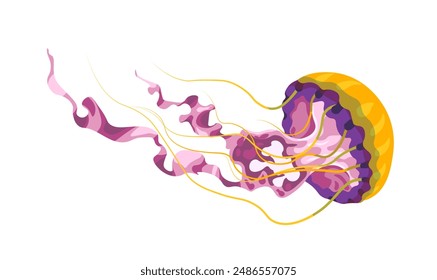 Una medusa dinámica de color púrpura y amarillo en un estilo de Vector, aislado sobre fondo blanco. Ideal para diseños marinos, materiales educativos y estampados decorativos.