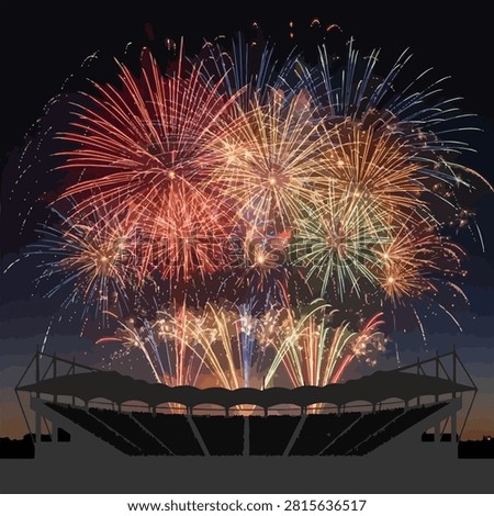 Dynamic pyrotechnics burst against dark backdrop illuminating vast spectator stands. Ideal for event promotion holiday themes or sporting finale graphics.