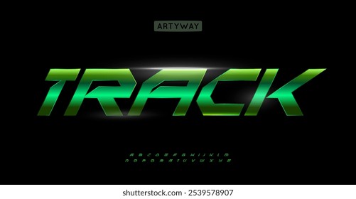 Alfabeto de corrida dinâmico, letras neon futuristas, fonte brilhante intensa para logotipos de tecnologia arrojada, manchete elétrica, tipografia de ponta, design inspirado em cibernética. Tipo de vetor.