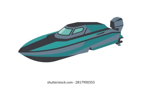 Dynamic racing boat in blue and black tones speeding across water with sleek design emphasizing speed and excitement for sports and adventure themes
