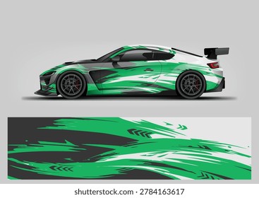 Dynamic Racing Car Wrap Design with Abstract Green and Black Splash Graphics for Vehicle Customization and Sporty Style Concept