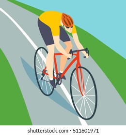 Dynamic racing cyclist riding down the road . Fast road biker. Editable vector illustration. 