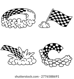 Dynamic racing illustration set featuring checkered flags with smoke bursts and motion effects, ideal for motorsport branding, race events, gaming graphics and speed-themed designs.