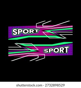 Dynamic racing sport decal design element featuring abstract speed lines in vibrant purple, magenta, and neon green colors on a black background, perfect for automotive graphics.