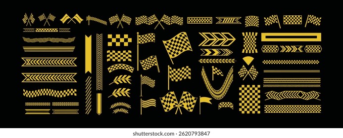 Dynamic racing stripe vector set with checkered flags, speed lines, arrows, and banners. Ideal for motorsport designs, automotive graphics, and racing-themed vector art projects.