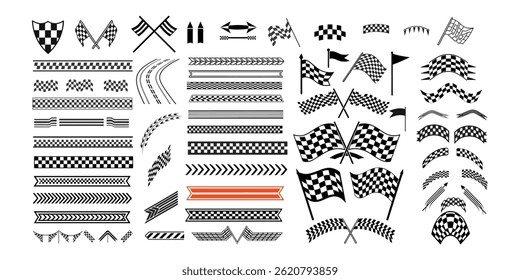 Dynamic racing stripe vector set with checkered flags, speed lines, arrows, and banners. Ideal for motorsport designs, automotive graphics, and racing-themed vector art projects.
