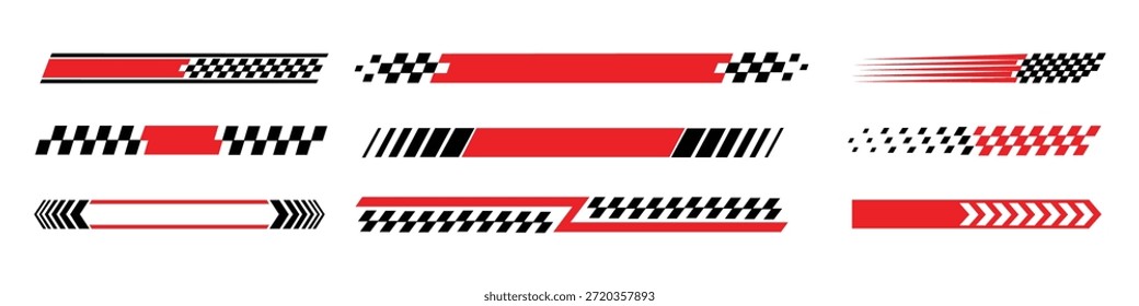 Rayas dinámicas de carreras y Elementos de bandera a cuadros para el Vector de la velocidad y el ícono de la competencia. línea de meta, etiquetas de motocross, automovilismo, símbolo de velocidad de la raya de carreras. Ilustración vectorial.