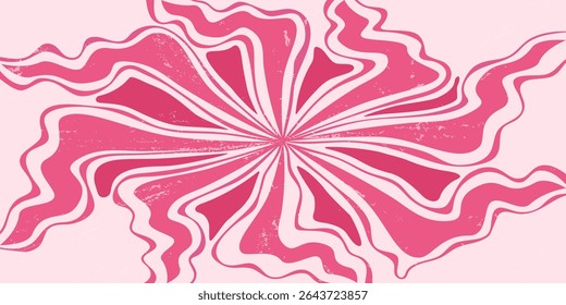 Dynamic radial pink candy sweet summer retro background. Bright candies ice cream wavy rays with swirl. Grunge texture.